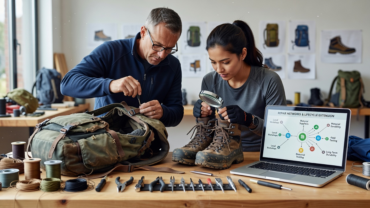 Technician repairing a hiking backpack seam with specialized tools in a workshop setting
